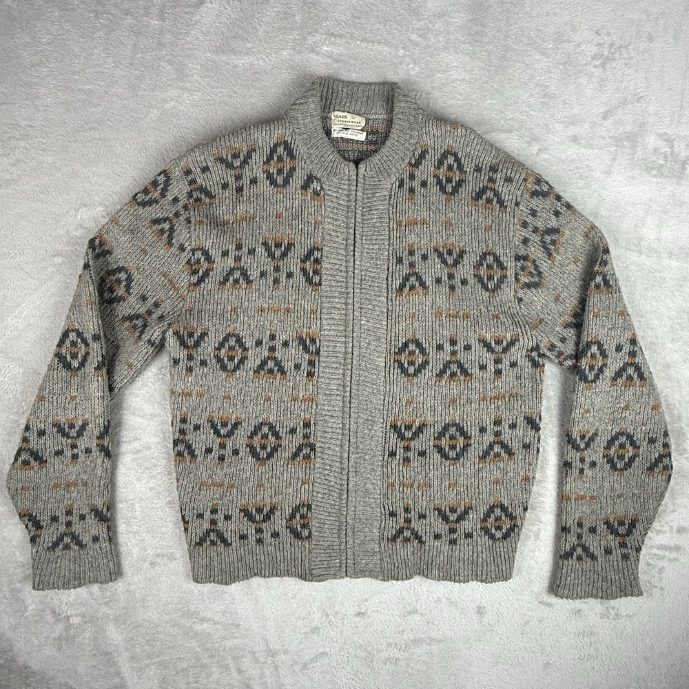 Sears Sportswear Mens Cardigan Sweater L Wool Mohair Blend Zip Grunge VTG 60s